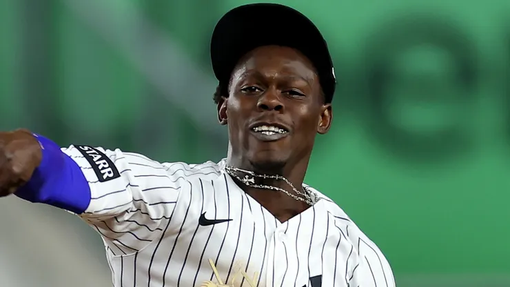 Jazz Chisholm Jr. #13 of the New York Yankees sends a hit.