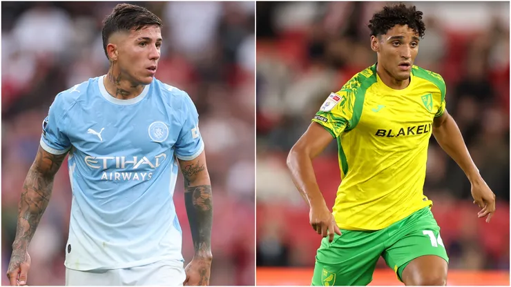 Enzo Fernandez of Manchester City and Ben Chrisene of Norwich City