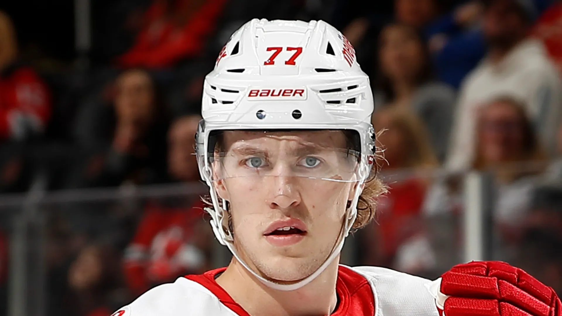 Simon Edvinsson #77 of the Detroit Red Wings in action during the game against the New Jersey Devils at Prudential Center on March 08, 2026 in Newark, New Jersey. The Red Wings won 3-0