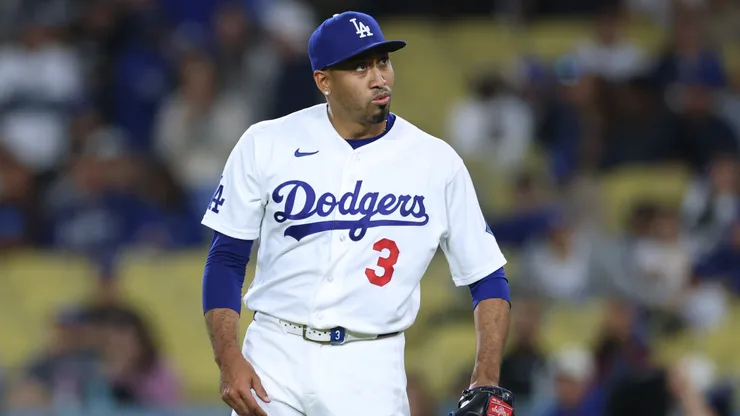 Edwin Díaz #3 of the Los Angeles Dodgers reacts.