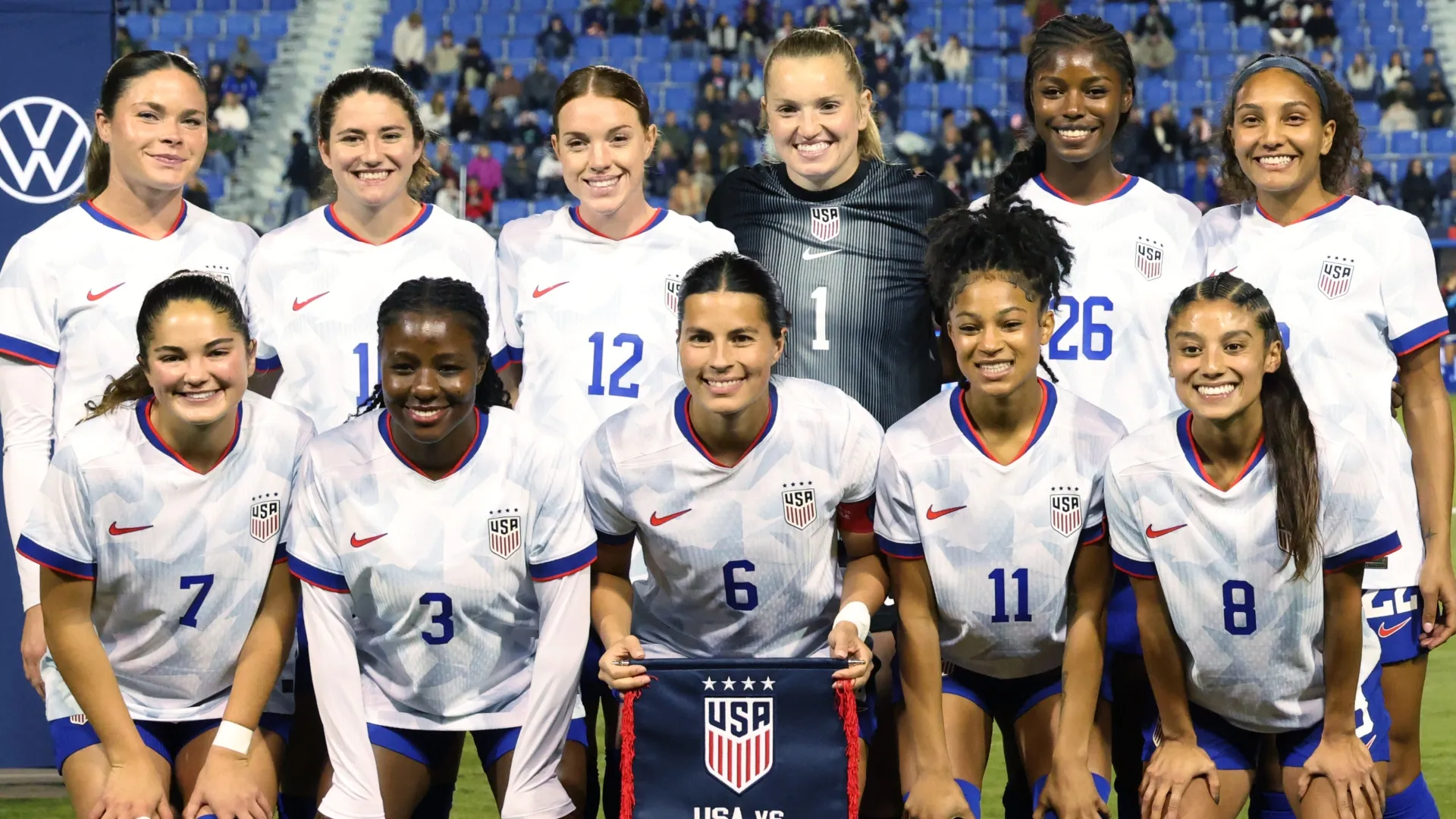 United States Women’s soccer team pose before an international friendly match (Source: Kevork Djansezian/Getty Images)