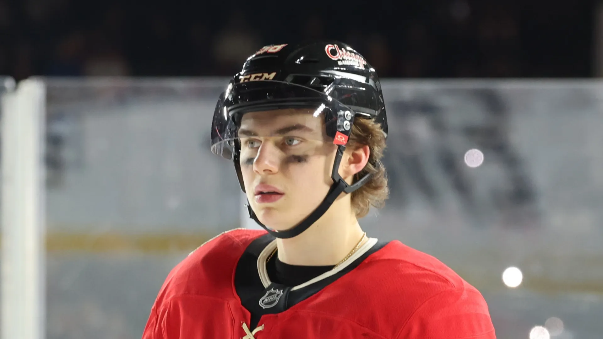 Connor Bedard #98 of the Chicago Blackhawks looks on during the third period against the St. Louis Blues in the 2024 NHL Winter Classic at Wrigley Field on December 31, 2024 in Chicago, Illinois.