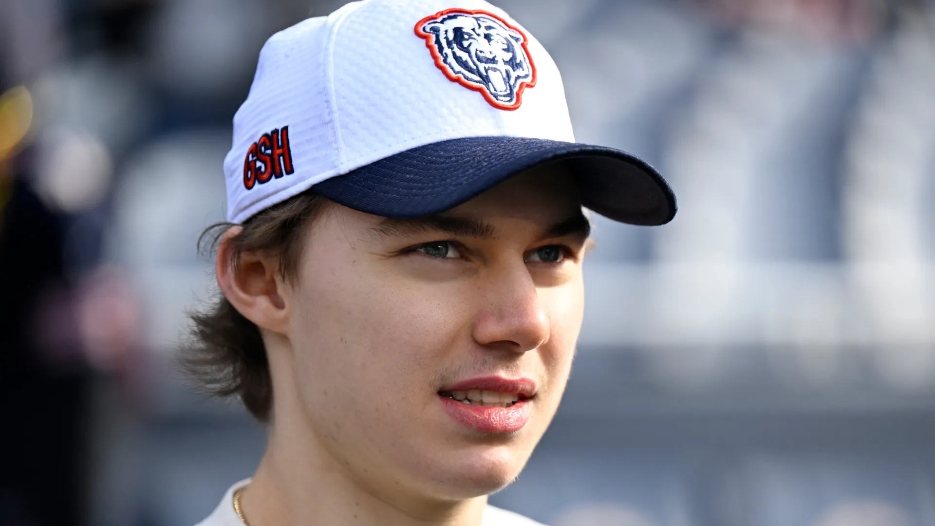 Connor Bedard of the Chicago Blackhawks looks on prior to a game between the Chicago Bears and the Minnesota Vikings at Soldier Field on November 24, 2024 in Chicago, Illinois.