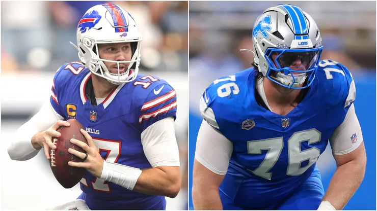 Josh Allen #17 of the Buffalo Bills and Blake Miller #76 of the Detroit Lions