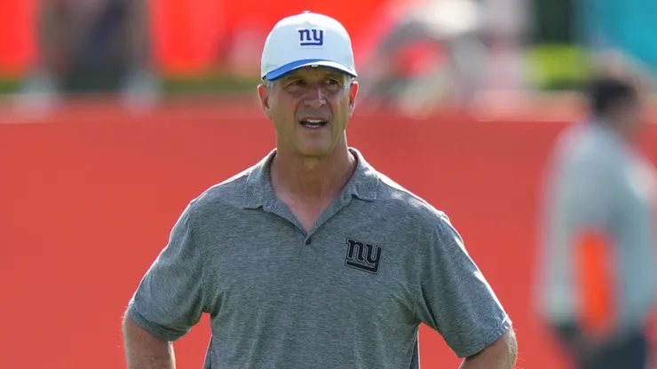 Head coach John Harbaugh of the New York Giants looks on during joint practice.