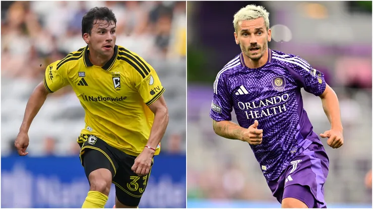 Gonzalo Tapia #33 of the Columbus Crew and Antoine Griezmann #7 of the Orlando City