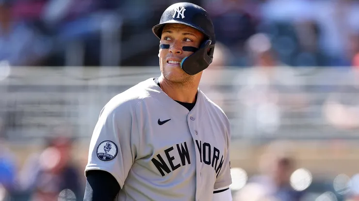 Aaron Judge #99 of the New York Yankees looks on.