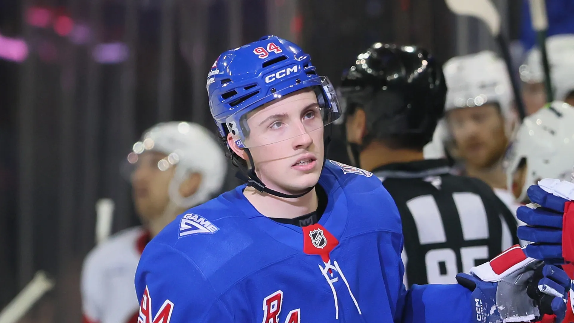 Gabe Perreault #94 of the New York Rangers celebrates his third period goal against the Ottawa Senators at Madison Square Garden on January 14, 2026 in New York City.