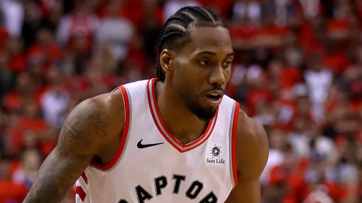 Kawhi Leonard #2 of the Toronto Raptors handles the ball.