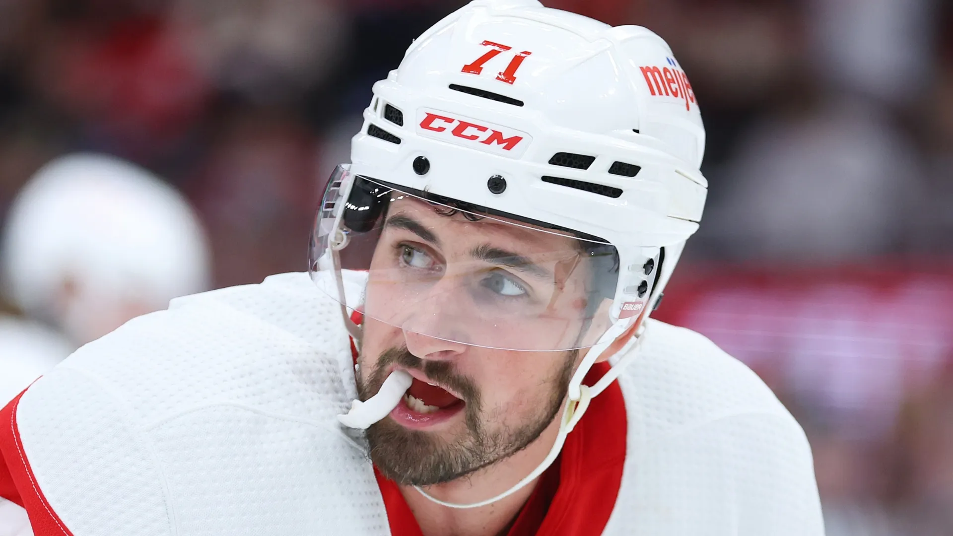 Dylan Larkin #71 of the Detroit Red Wings looks on against the Chicago Blackhawks during the third period at United Center on October 21, 2022 in Chicago, Illinois.