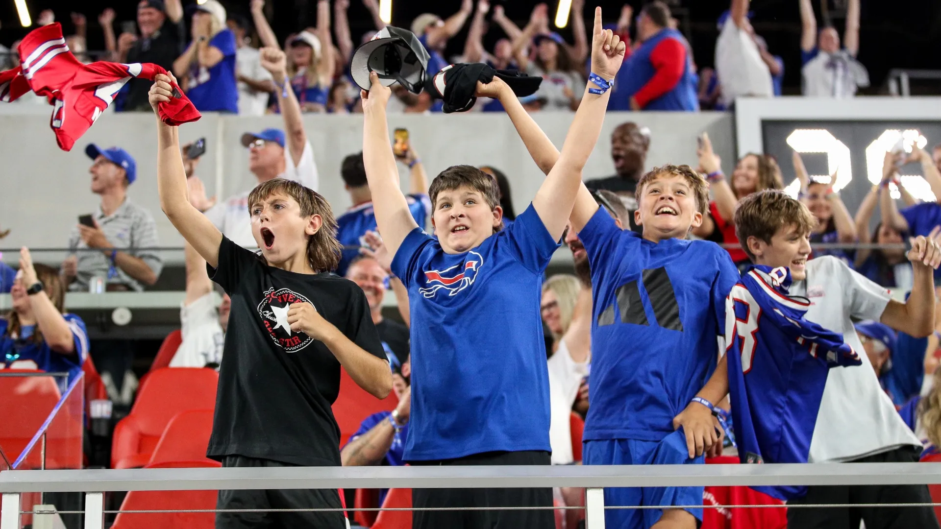 Fans react after a successful two-point conversion by the Bills at Highmark Stadium (Source: Bryan M. Bennett/Getty Images)