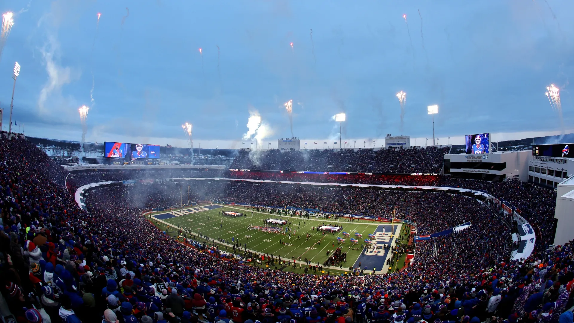 A general view of fireworks before a game at Highmark Stadium (Source: Timothy T Ludwig/Getty Images)