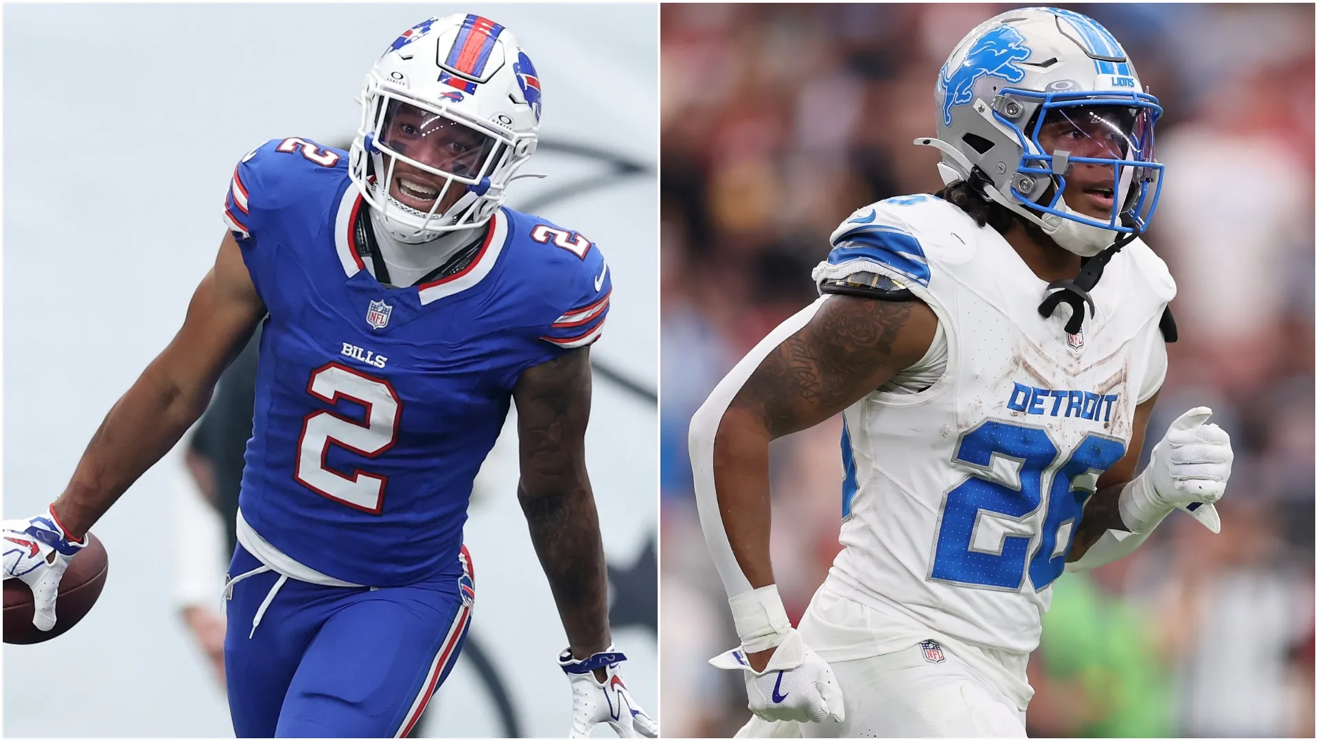 DJ Moore #2 of the Bills and Jahmyr Gibbs #26 of the Lions (Source: Tim Warner/Christian Petersen — Getty Images)