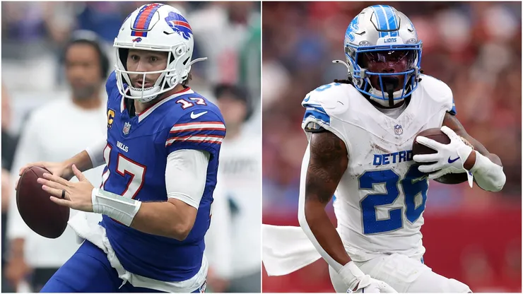 Josh Allen #17 of the Buffalo Bills and Jahmyr Gibbs #26 of the Detroit Lions