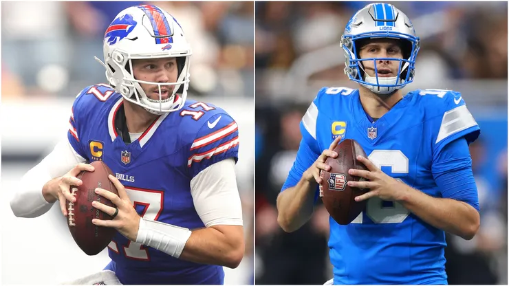 Josh Allen #17 of the Buffalo Bills and Jared Goff #16 of the Detroit Lions
