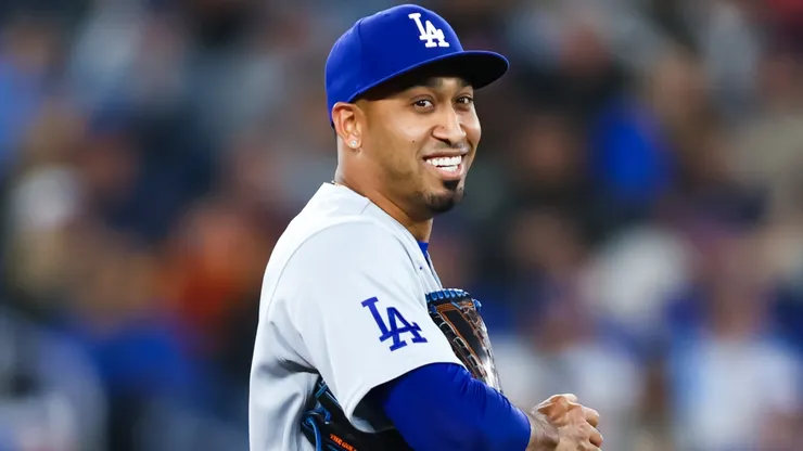 Edwin Diaz #3 of the Los Angeles Dodgers reacts.