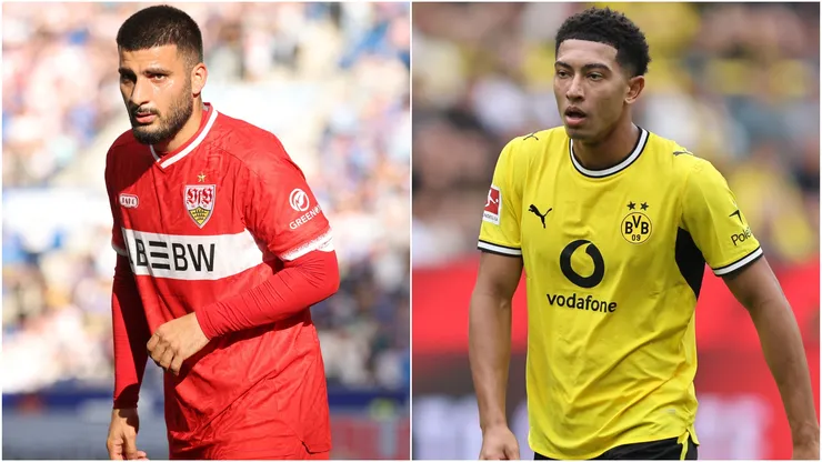Deniz Undav of VfB Stuttgart and Jobe Bellingham of Borussia Dortmund