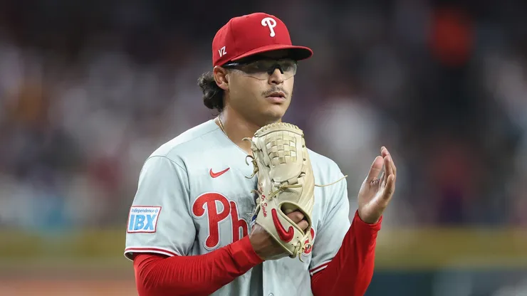 Starting pitcher Jesús Luzardo #44 of the Philadelphia Phillies reacts.