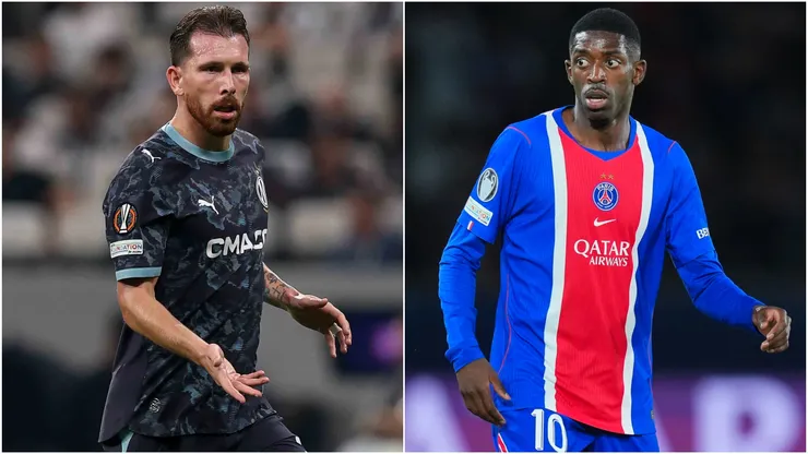 Pierre Emile Hojbjerg of Olympique de Marseille and Ousmane Dembele of PSG