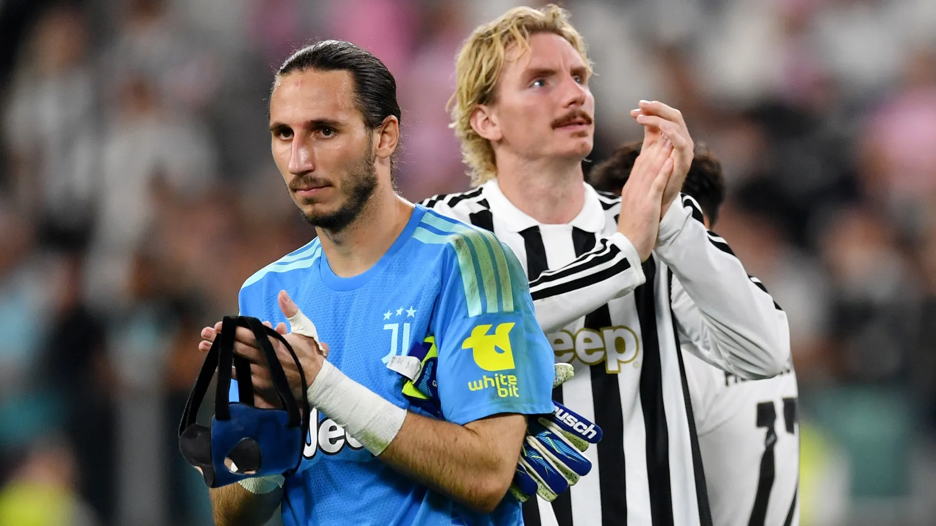 Kamil Grabara and Nick Woltemade after the UEFA Europa League 2026/27 League Phase MD1 match (Source: Valerio Pennicino/Getty Images)