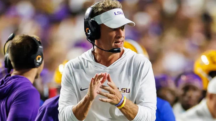 Lane Kiffin of the Louisiana State Tigers looks on during the fourth quarter.