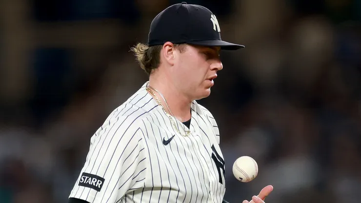 Ryan Weathers #40 of the New York Yankees reacts.