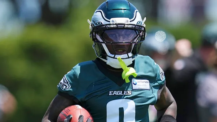 Hollywood Brown #0 of the Philadelphia Eagles runs with the ball.