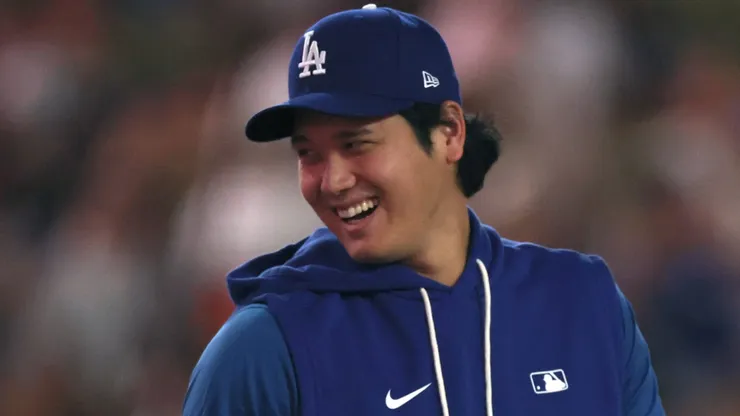 Shohei Ohtani #17 of the Los Angeles Dodgers reacts on the field.