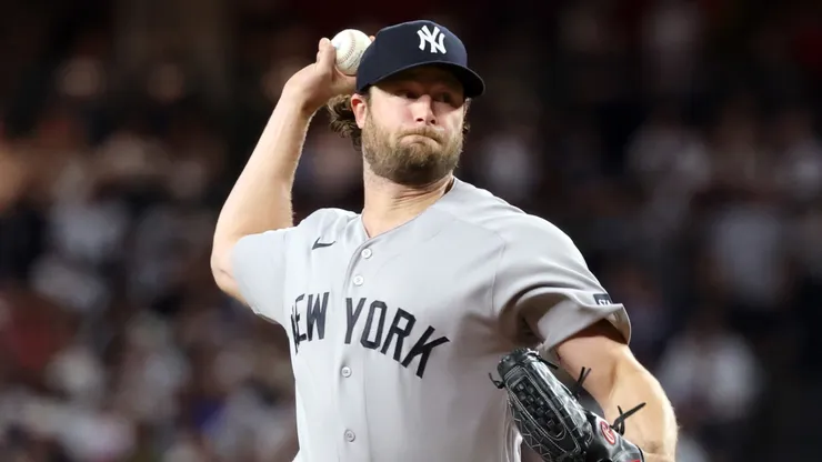 Starter Gerrit Cole #45 of the New York Yankees pitches.