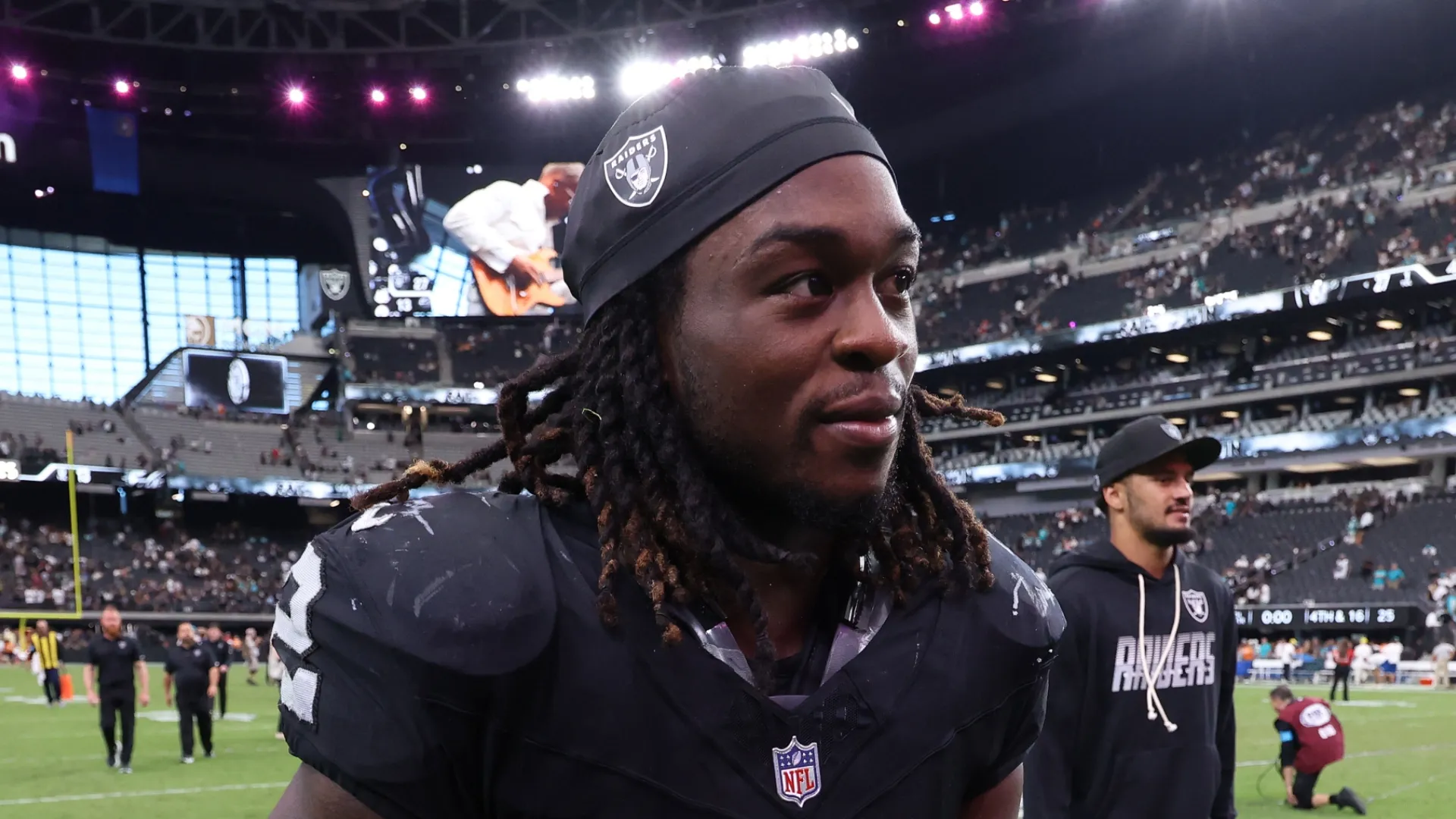 Ashton Jeanty #2 of the Las Vegas Raiders walks off the field after his team's 27-13 win against the Miami Dolphins at Allegiant Stadium on September 13, 2026 in Las Vegas, Nevada.