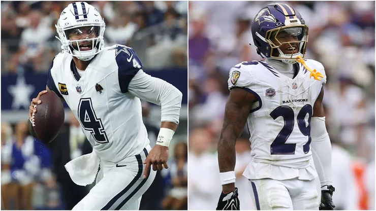 Dak Prescott #4 of the Dallas Cowboys and Chandler Rivers #29 of the Baltimore Ravens