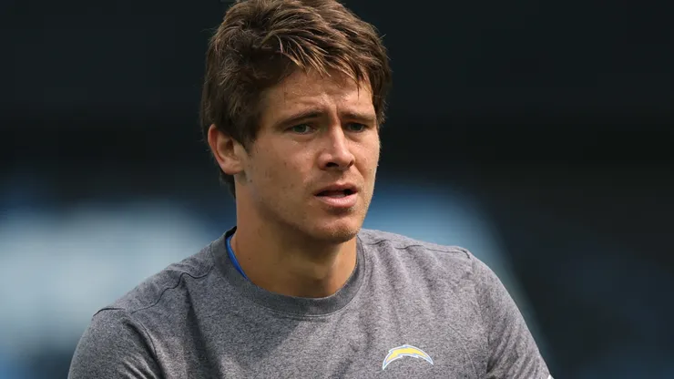 Justin Herbert #10 of the Los Angeles Chargers during warm up before the game.