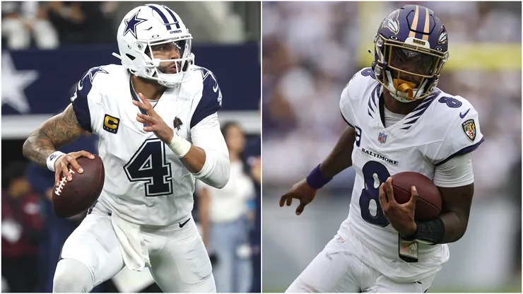 Dak Prescott #4 of the Dallas Cowboys and Lamar Jackson #8 of the Baltimore Ravens