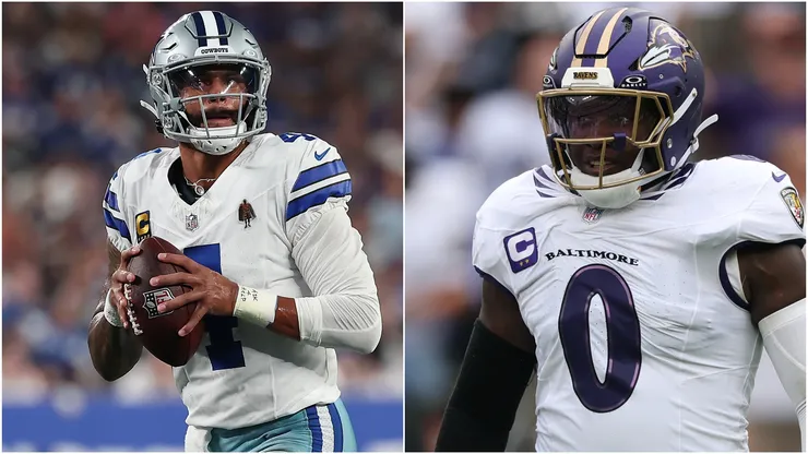 Dak Prescott #4 of the Dallas Cowboys and Roquan Smith #0 of the Baltimore Ravens