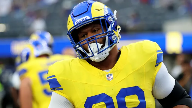 Aaron Donald #99 of the Los Angeles Rams warms up prior to the game against the New York Giants.