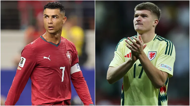 Cristiano Ronaldo of Portugal and Jordan James of Wales
