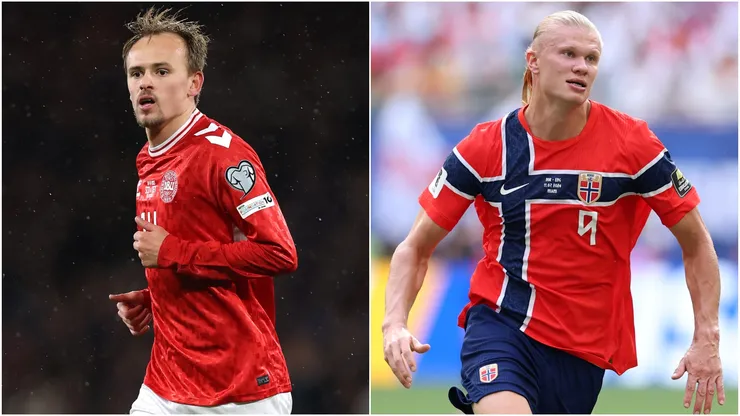 Mikkel Damsgaard of Denmark and Erling Haaland of Norway