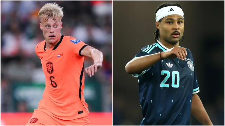 Jan Paul Van Hecke of Netherlands and Serge Ganbry of Germany