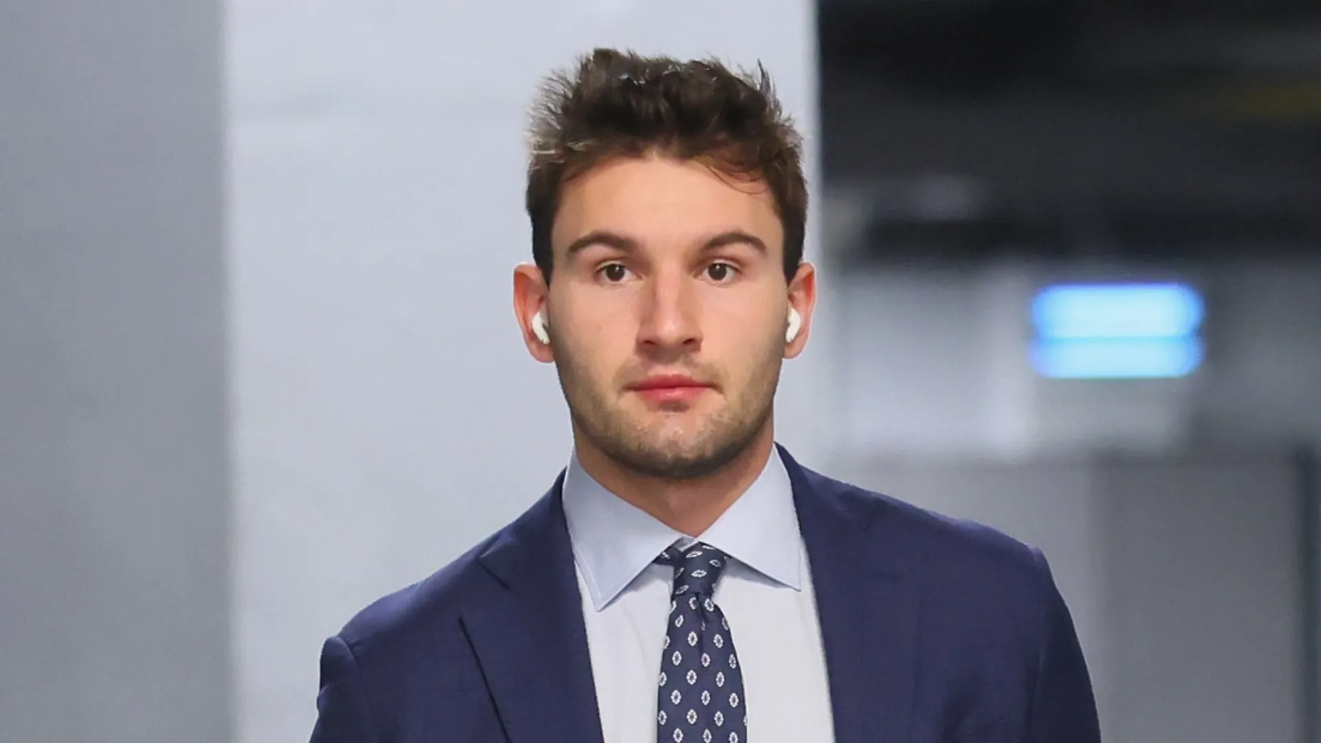 Vincent Iorio #2 of the Washington Capitals arrives for the game against the New York Islanders at UBS Arena on October 11, 2025 in Elmont, New York.