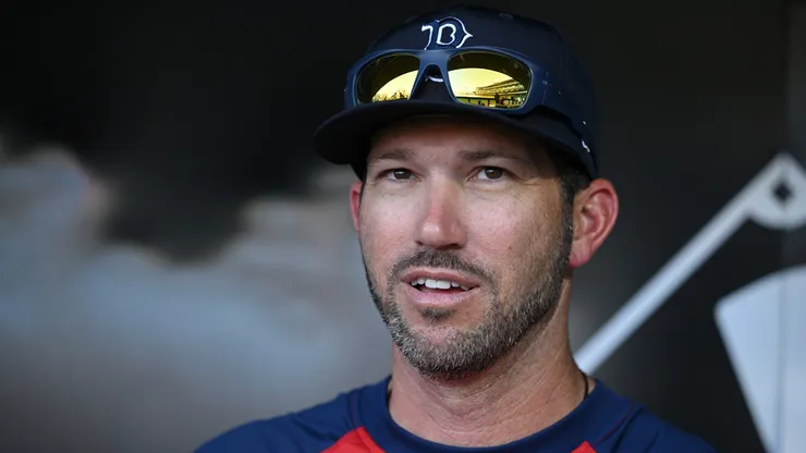Manager Chad Tracy of the Boston Red Sox speaks to media.