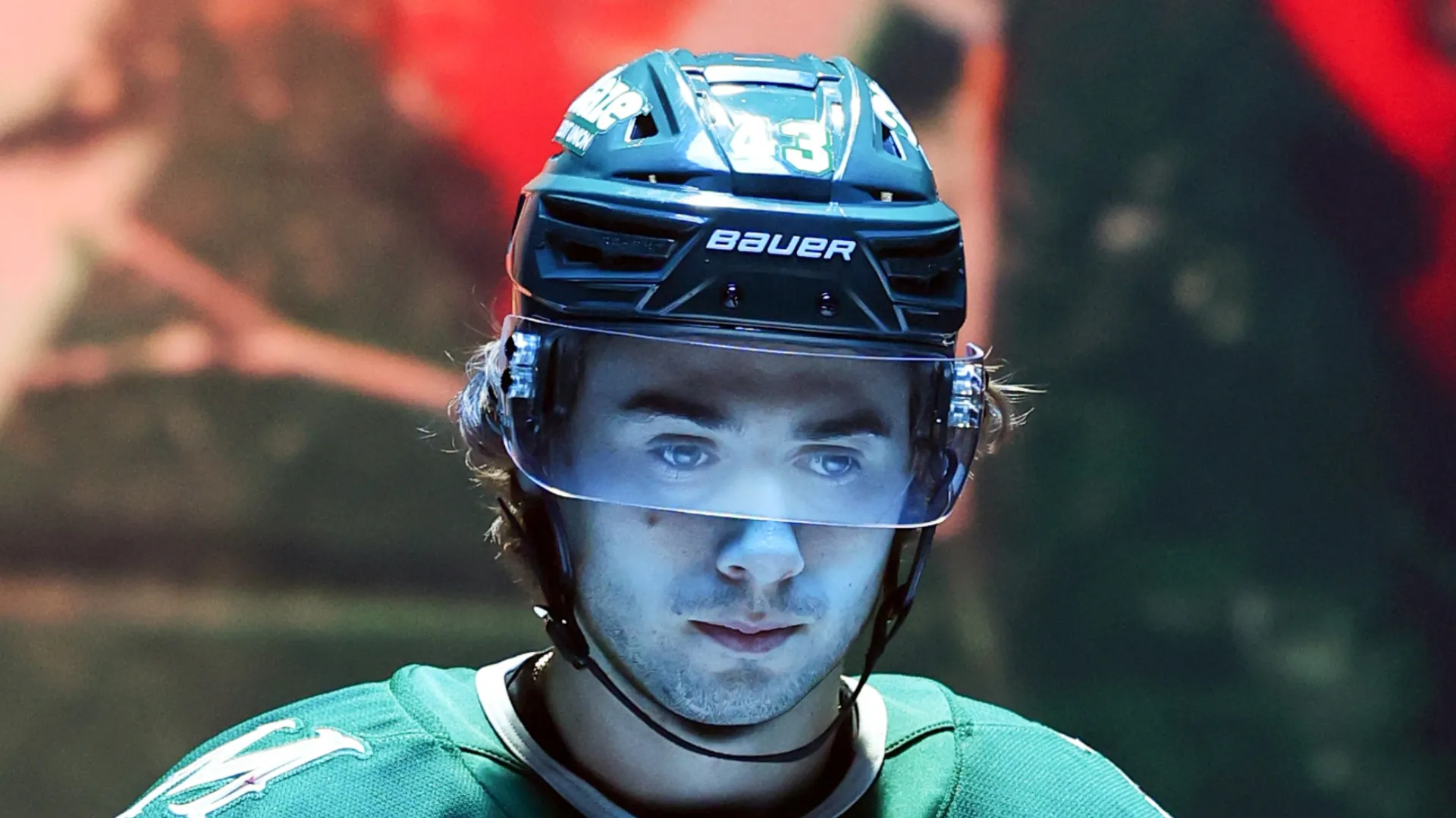Quinn Hughes #43 of the Minnesota Wild is recorded by TNT during the NHL/NHLPA North American Player Media Tour at City National Arena on September 09, 2026 in Las Vegas, Nevada.