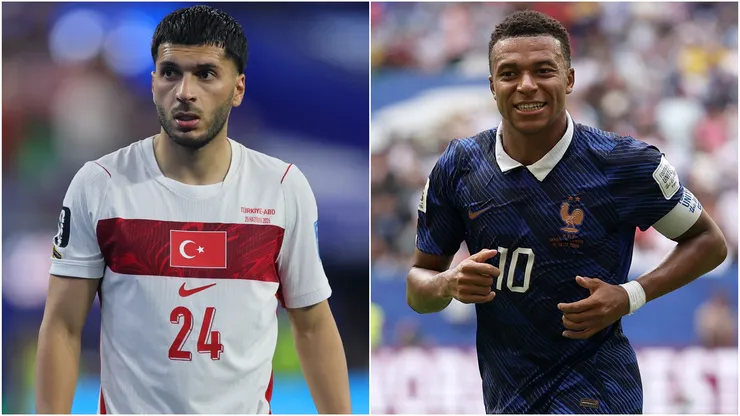 Oguz Aydin #24 of Turkiye and Kylian Mbappe #10 of France