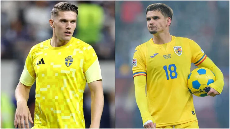 Viktor Gyokeres of Sweden and Razvan Marin of Romania