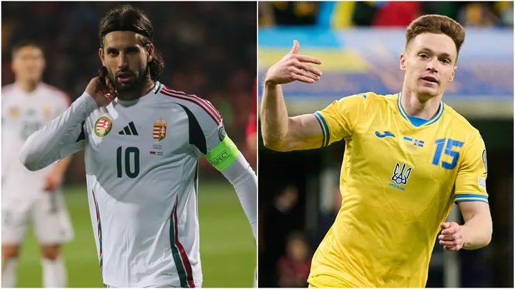 Dominik Szoboszlai of Hungary and Viktor Tsygankov of Ukraine