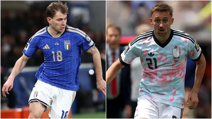 Nicolo’ Barella of Italy and Timothy Castagne of Belgium