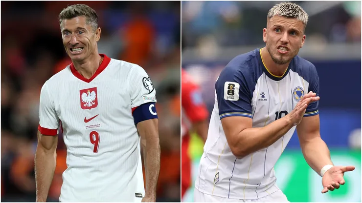Robert Lewandowski of Poland and Ermedin Demirovic of Bosnia and Herzegovina