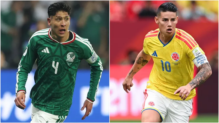 Edson Alvarez of Mexico and James Rodriguez #10 of Colombia