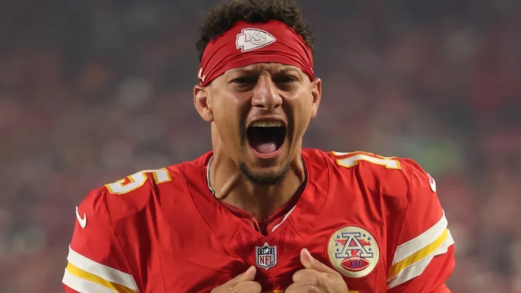 Patrick Mahomes #15 of the Kansas City Chiefs reacts prior to the game against the Indianapolis Colts.