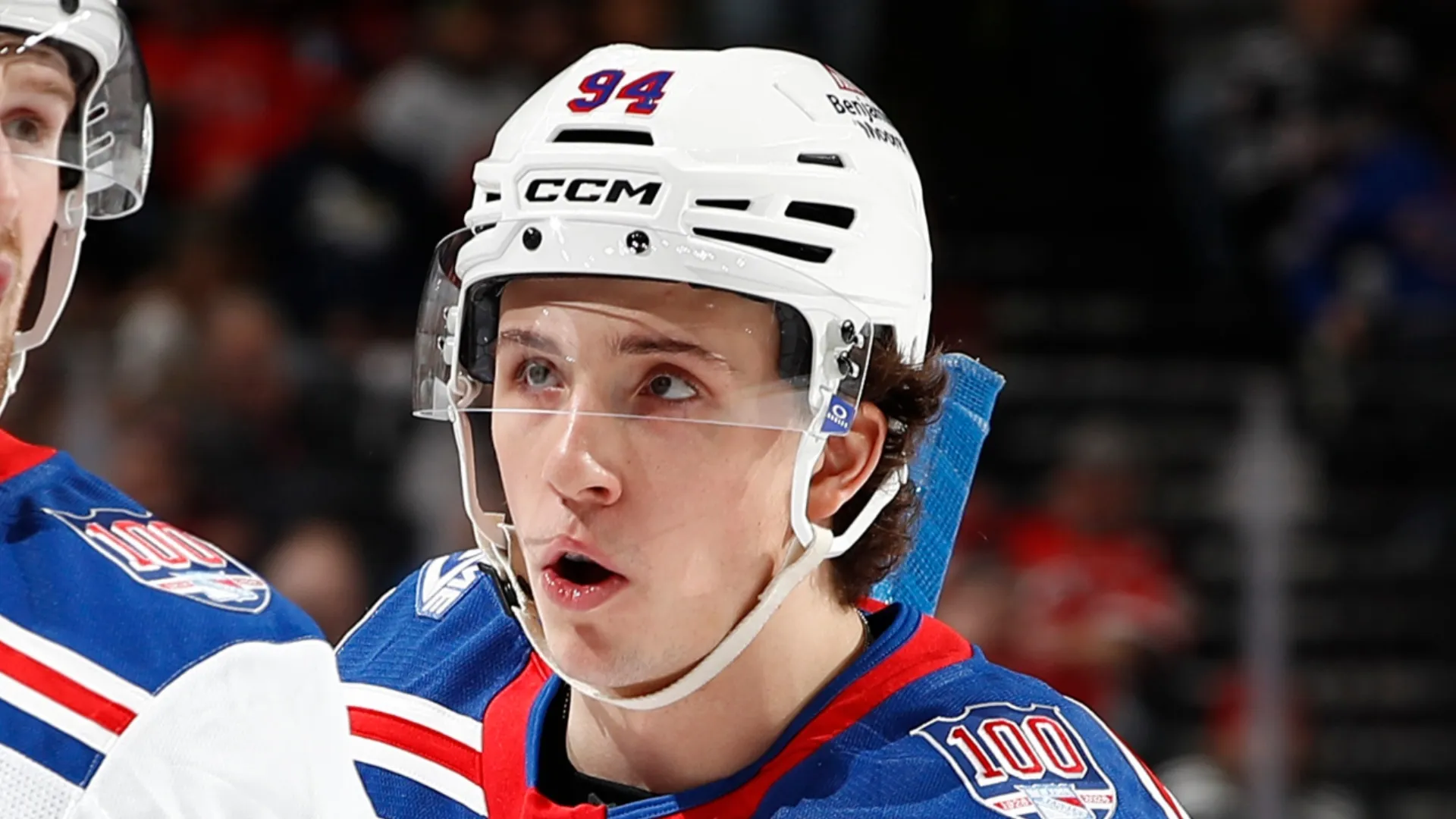 Gabe Perreault #94 of the New York Rangers at Prudential Center.