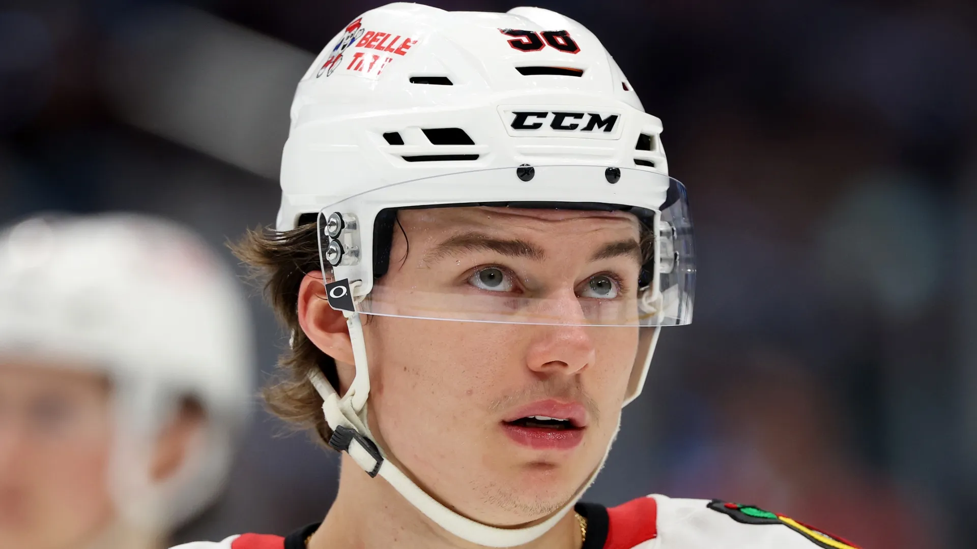 Connor Bedard #98 of the Chicago Blackhawks looks on against the Seattle Kraken during the second period at Climate Pledge Arena on April 04, 2026 in Seattle, Washington.